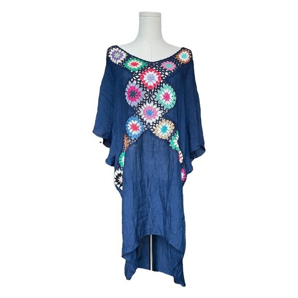 Womens One Size Crochet Knit Swim Cover-Up Dress Blue Boho Beach Peasant Unlined - Picture 1 of 7